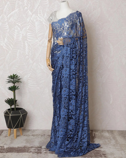 Midnight Sapphire French Two-Tone Chantilly Lace Saree with Stone Work - 110cm Width, 5.5M Length-D18829 Regal Fabrics