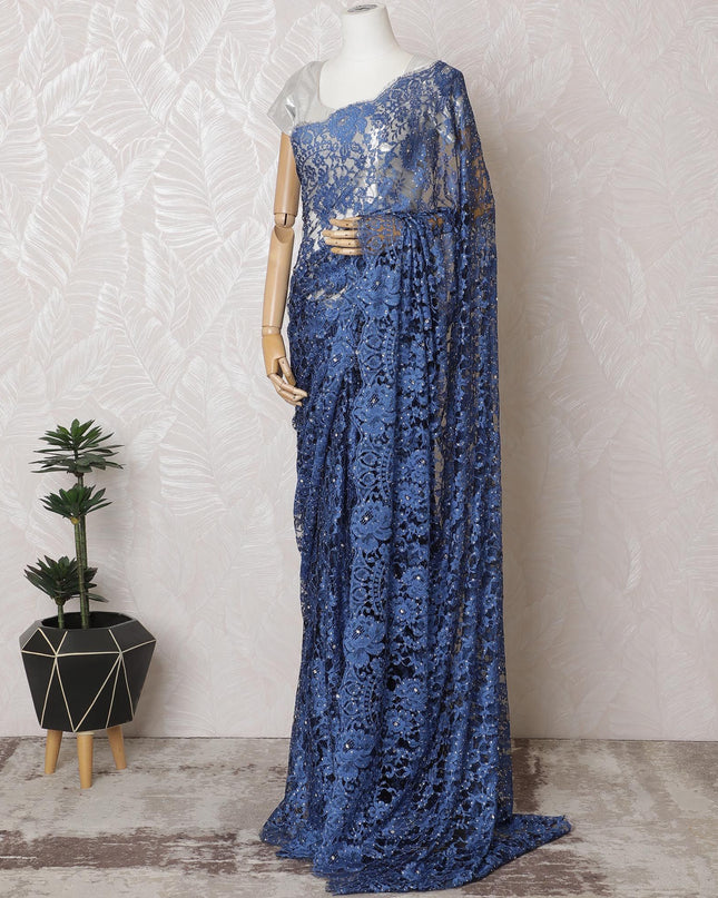 Midnight Sapphire French Two-Tone Chantilly Lace Saree with Stone Work - 110cm Width, 5.5M Length-D18829