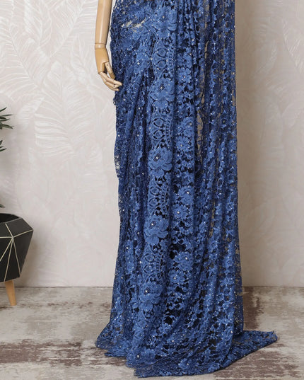 Midnight Sapphire French Two-Tone Chantilly Lace Saree with Stone Work - 110cm Width, 5.5M Length-D18829 Regal Fabrics