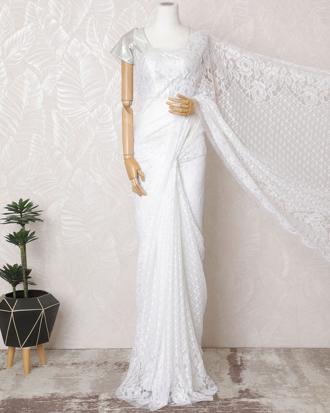 Bridal White French Chantilly Lace Saree - 110cm Width, 5.5M Length-D18830