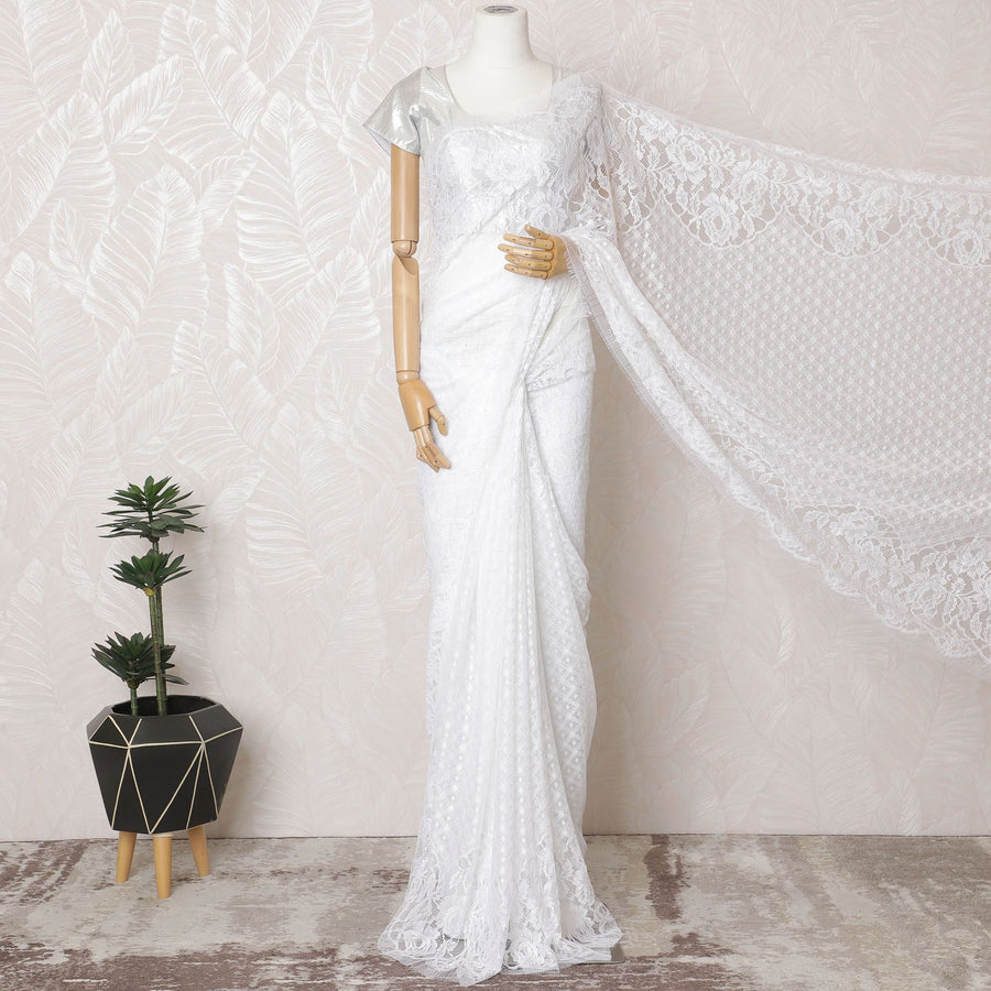 Bridal White French Chantilly Lace Saree - 110cm Width, 5.5M Length-D18830