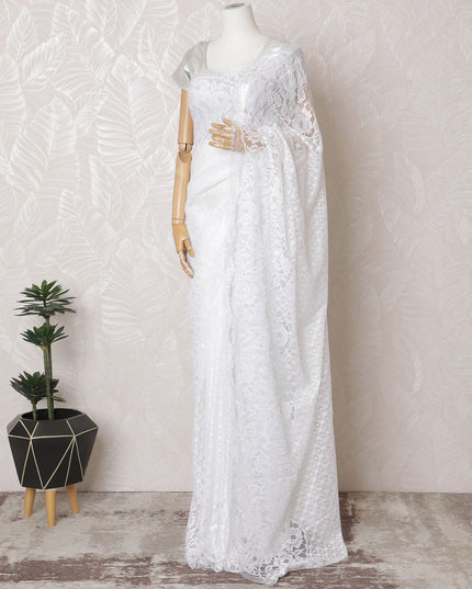 Bridal White French Chantilly Lace Saree - 110cm Width, 5.5M Length-D18830