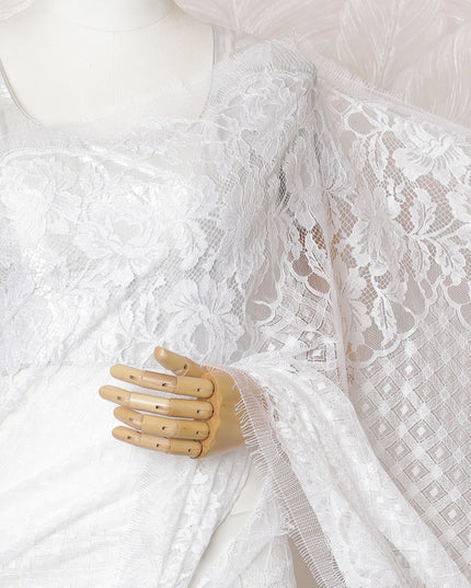 Bridal White French Chantilly Lace Saree - 110cm Width, 5.5M Length-D18830