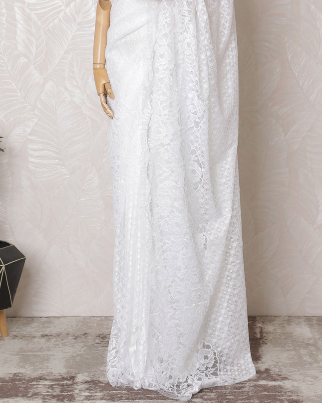 Bridal White French Chantilly Lace Saree - 110cm Width, 5.5M Length-D18830