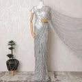 Silken Silver French Chantilly Lace Saree- 110cm Width, 5.5M Length-D18831 Regal Fabrics