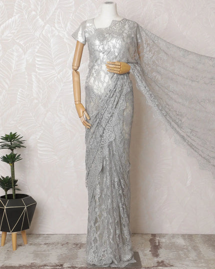 Silken Silver French Chantilly Lace Saree- 110cm Width, 5.5M Length-D18831 Regal Fabrics