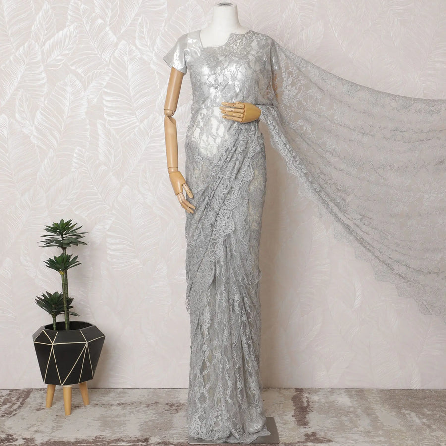 Silken Silver French Chantilly Lace Saree- 110cm Width, 5.5M Length-D18831 Regal Fabrics