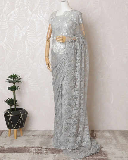 Silken Silver French Chantilly Lace Saree- 110cm Width, 5.5M Length-D18831 Regal Fabrics