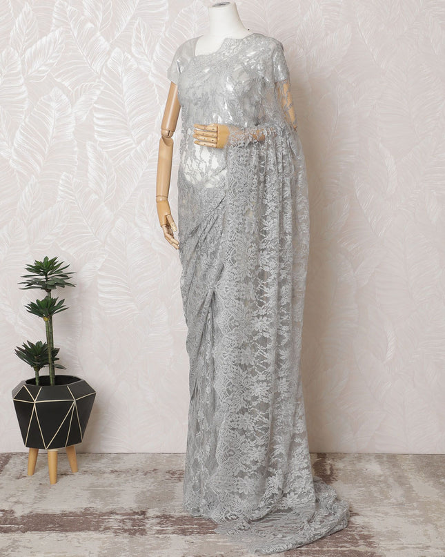 Silken Silver French Chantilly Lace Saree- 110cm Width, 5.5M Length-D18831