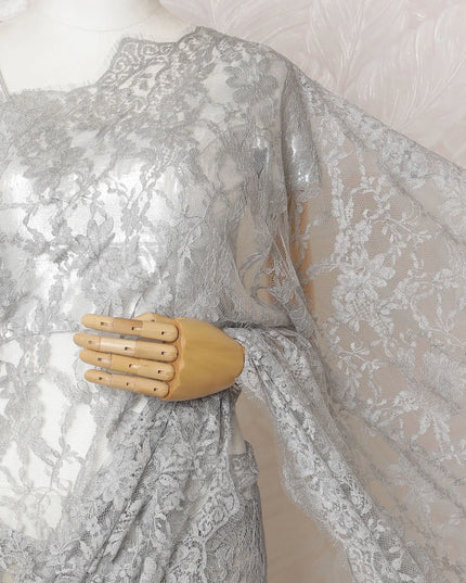Silken Silver French Chantilly Lace Saree- 110cm Width, 5.5M Length-D18831 Regal Fabrics