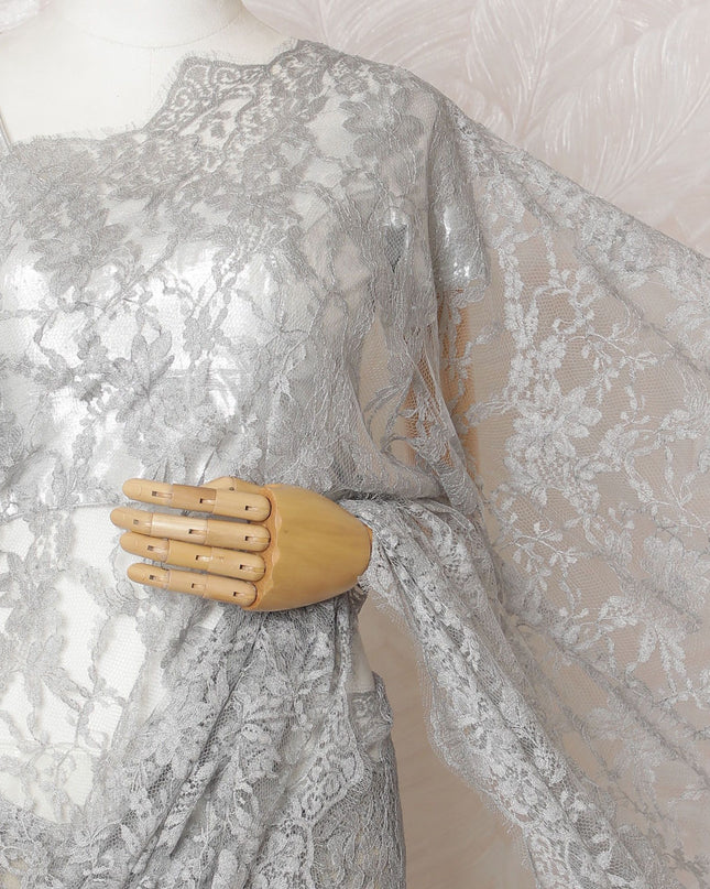 Silken Silver French Chantilly Lace Saree- 110cm Width, 5.5M Length-D18831