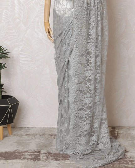 Silken Silver French Chantilly Lace Saree- 110cm Width, 5.5M Length-D18831 Regal Fabrics