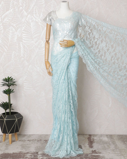 Aquamarine Dream French Chantilly Lace Saree - 110cm Width, 5.5M Length-D18835