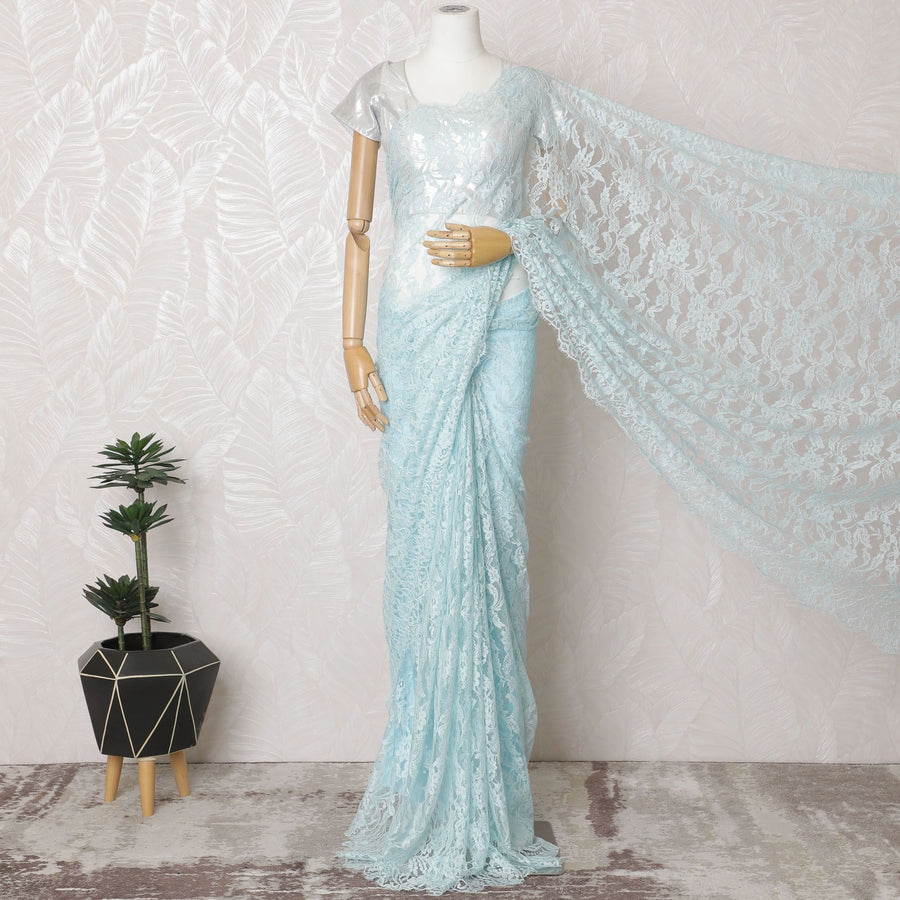 Aquamarine Dream French Chantilly Lace Saree - 110cm Width, 5.5M Length-D18835