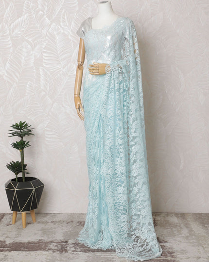 Aquamarine Dream French Chantilly Lace Saree - 110cm Width, 5.5M Length-D18835