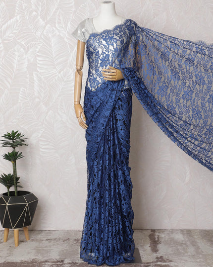 Royal Cobalt French Chantilly Lace Saree - 110cm Width, 5.5M Length-D18836