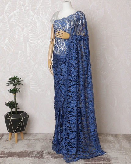 Royal Cobalt French Chantilly Lace Saree - 110cm Width, 5.5M Length-D18836