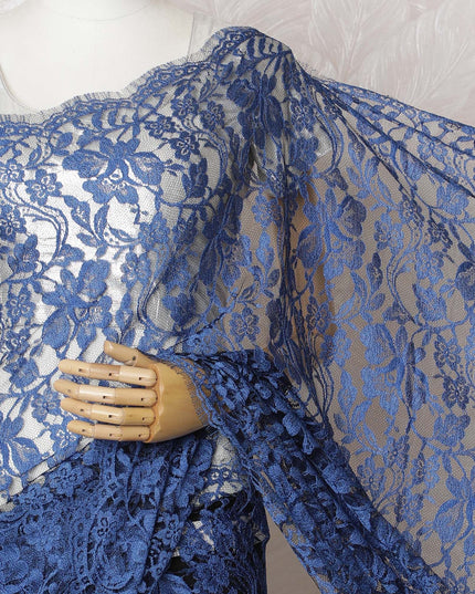 Royal Cobalt French Chantilly Lace Saree - 110cm Width, 5.5M Length-D18836