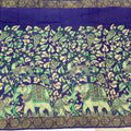 Antique Blue Tussar Silk Pen Kalamkari Saree with Handpainted Mythological Motifs, Width 110 Cms, Origin: Sri Kalahasthi, India, 5.5 Mtrs with Blouse Piece-D22850