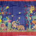 Blue Tussar Silk Pen Kalamkari Saree with Handpainted Mythological Illustrations, Width 110 Cms, Origin: Sri Kalahasthi, India, 5.5 Mtrs with Blouse Piece-D22867