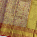 Peach and Mustard Checked Floral Zari Kanjeevaram Pure Silk Bridal Saree, Traditional Red Border with Gold Pallu, 110 cm Width, Made in India-D22767