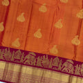 Burnt Orange and Maroon Gold Leaf Butta Kanjeevaram Pure Silk Bridal Saree, Temple Motif Border with Circular Zari Pallu, 110 cm Width, Made in India-D22762