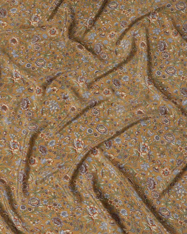 Autumn Harvest Floral Pure Silk Crepe Fabric - Artisan Print, 110cm Width, Indian Origin - Shop Online by the Mete-D18039