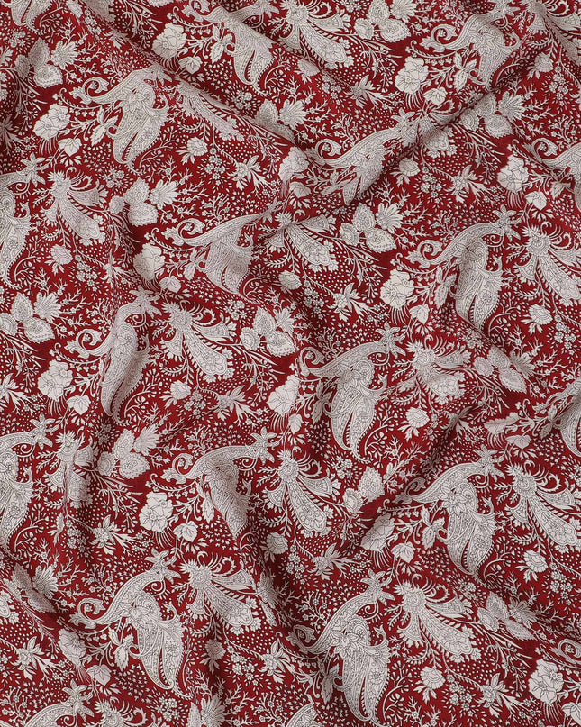 Regal Crimson Elephant Pure Silk Crepe Fabric - Traditional Indian Motif, 110cm Width - Buy Online by the Meter-D18041 Regal Fabrics