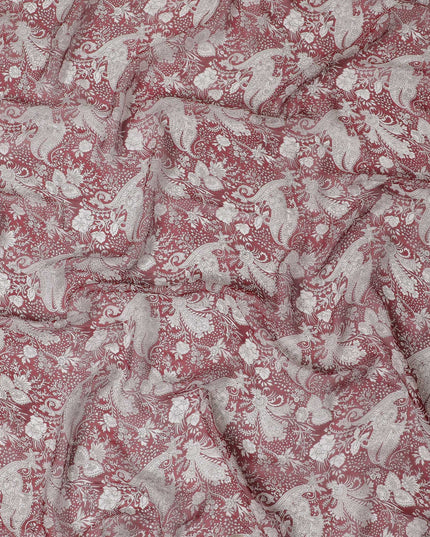 Majestic Ruby Elephant Pure Wrinkle Silk Chiffon Fabric - Heritage Print, 110cm Width - Buy Online by the Meter-D18056