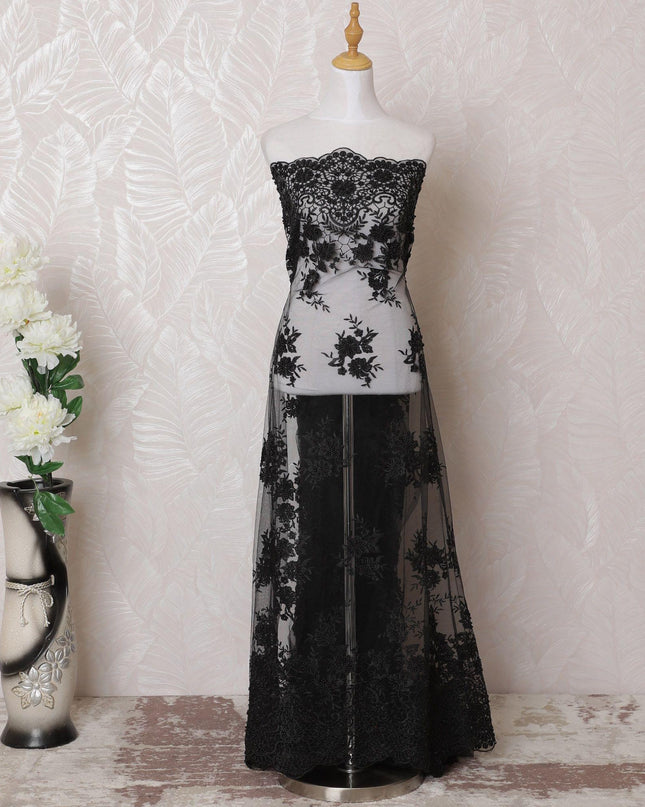 Black nylon tulle fabric with same tone embroidery and bead work in fancy design-D15948