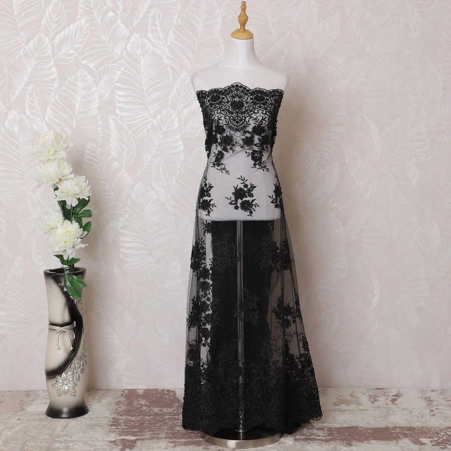 قماش تول نايلون أسود مع تطريز بنفس اللون وخرز بتصميم فاخر -D15948