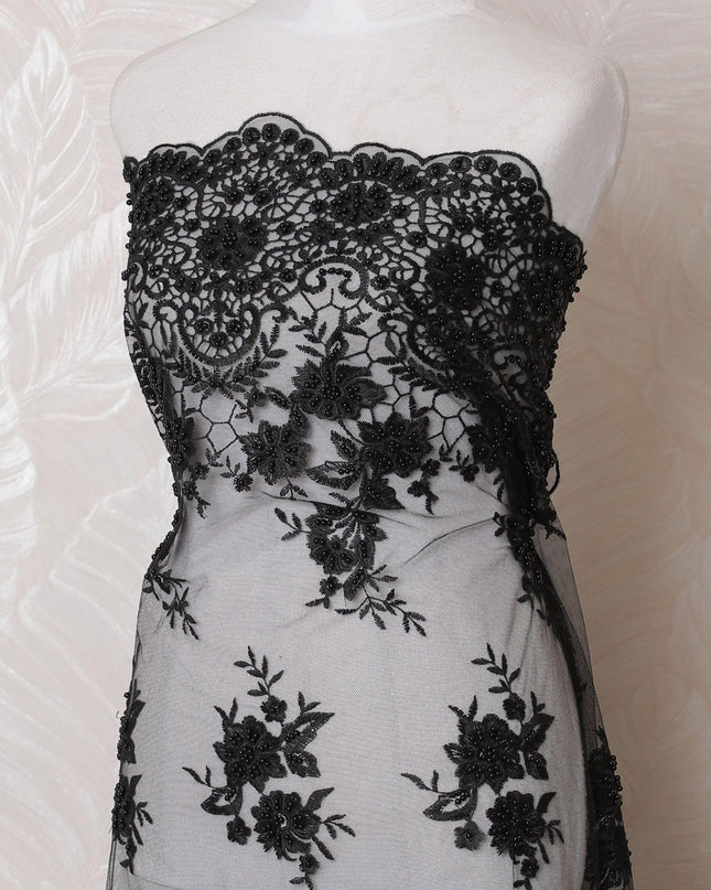 Black nylon tulle fabric with same tone embroidery and bead work in fancy design-D15948