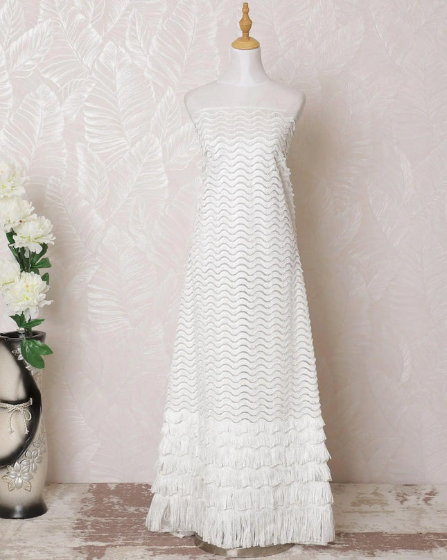 Off white nylon tulle fabric with same tone wave embroidery in fancy design-D15949 Regal Fabrics