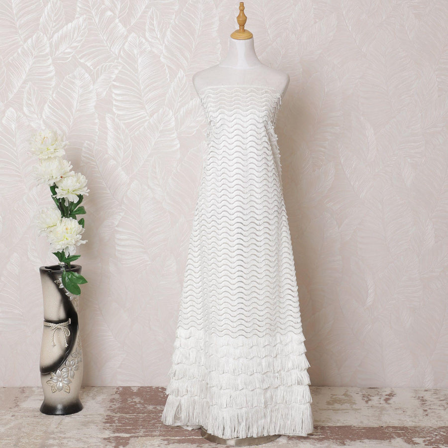 Off white nylon tulle fabric with same tone wave embroidery in fancy design-D15949