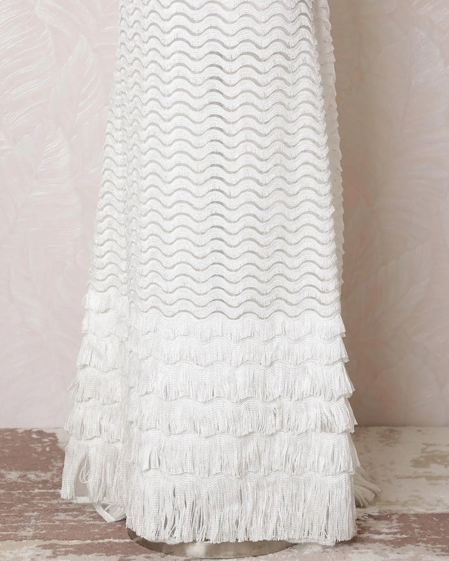 Off white nylon tulle fabric with same tone wave embroidery in fancy design-D15949 Regal Fabrics