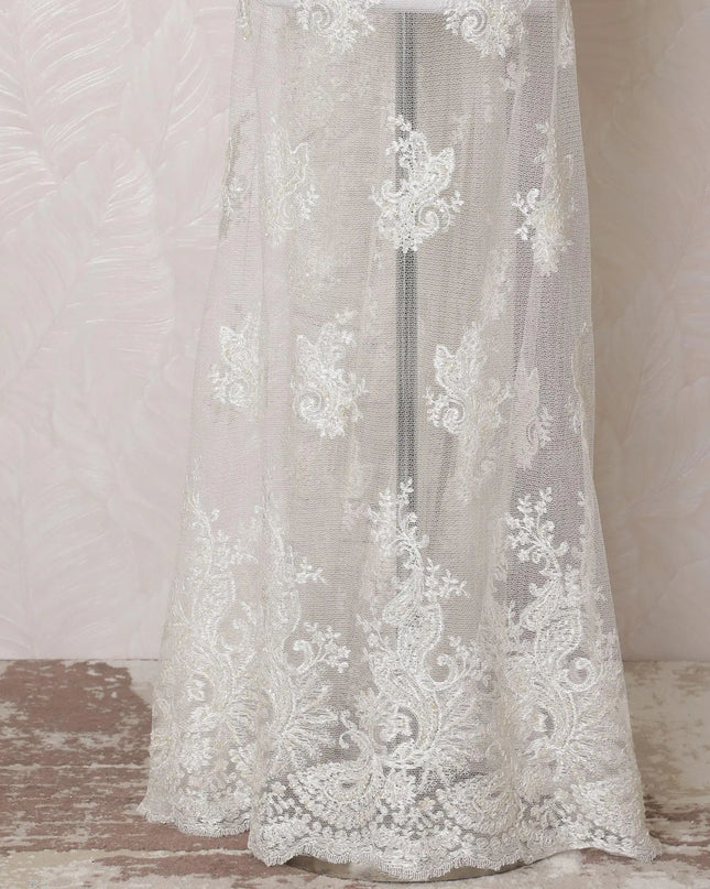 Off white nylon tulle fabric with same tone embroidery and bead work in fancy design-D15951 Regal Fabrics