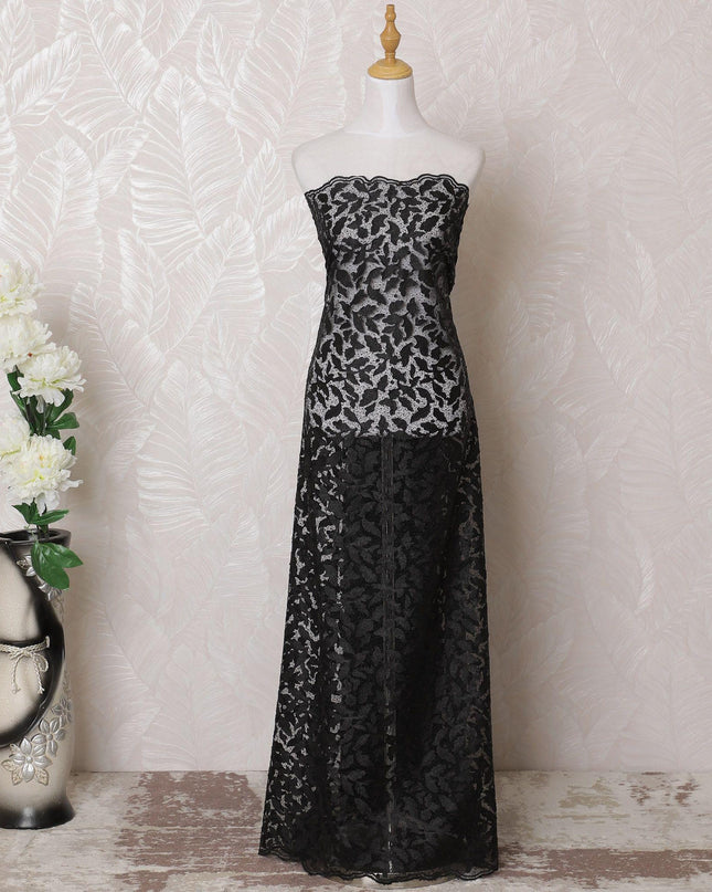 Black nylon tulle fabric with same tone fancy embroidery in floral design-D15953