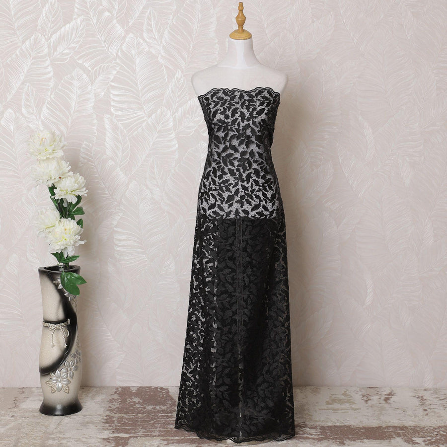 قماش تول نايلون أسود مع تطريز فاخر بنفس اللون بتصميم الأزهار-D15953