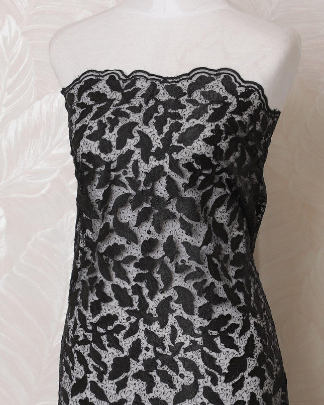 Black nylon tulle fabric with same tone fancy embroidery in floral design-D15953