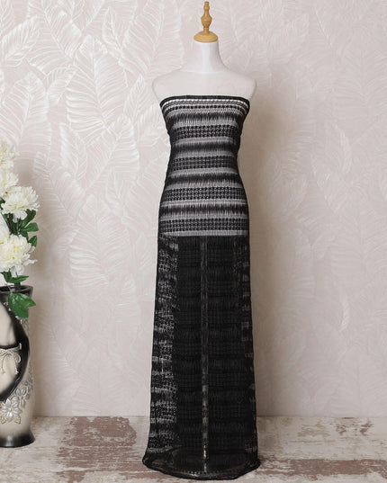 Black guipure lace fabric with same tone embroidery in stripe design-D15957