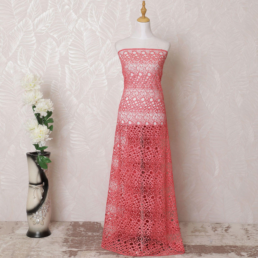 قماش دانتيل غيبور وردي السلمون بتصميم زهور-D15958