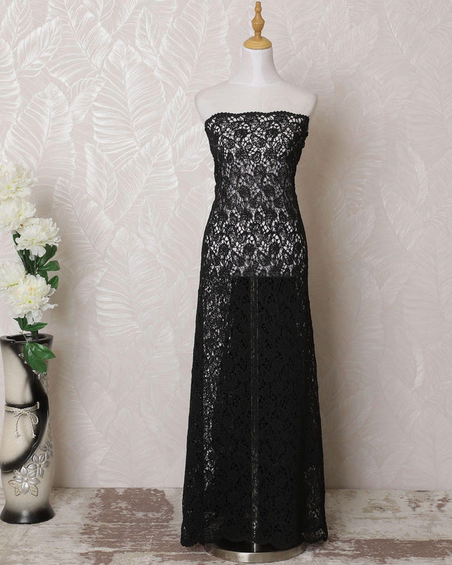Black guipure lace fabric in floral design-D15959