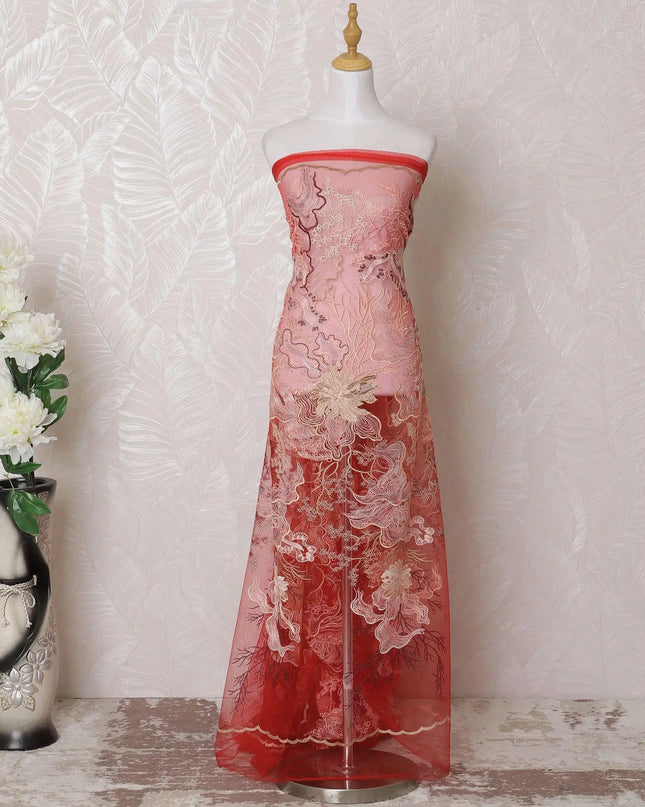 Red nylon tulle fabric with maroon and gold embroidery in floral design-D15966 Regal Fabrics