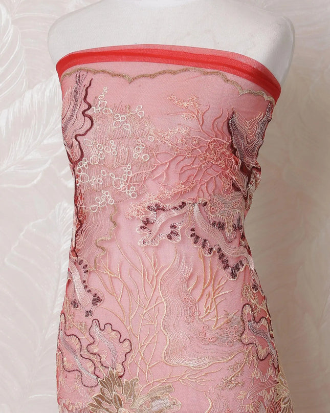 Red nylon tulle fabric with maroon and gold embroidery in floral design-D15966 Regal Fabrics
