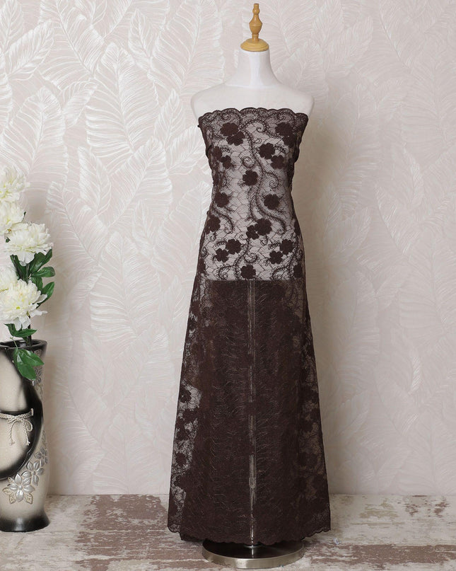 قماش تول نايلون بني مع تطريز بنفس اللون بتصميم الأزهار-D15967