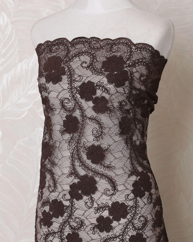 قماش تول نايلون بني مع تطريز بنفس اللون بتصميم الأزهار-D15967