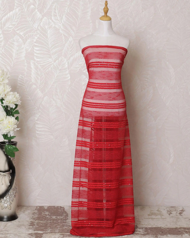 Red nylon tulle fabric with same tone embroidery and sequin work in stripe design-D15975 Regal Fabrics
