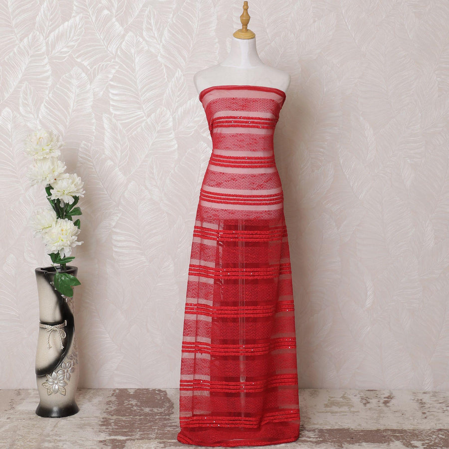Red nylon tulle fabric with same tone embroidery and sequin work in stripe design-D15975