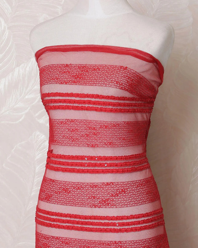 Red nylon tulle fabric with same tone embroidery and sequin work in stripe design-D15975 Regal Fabrics