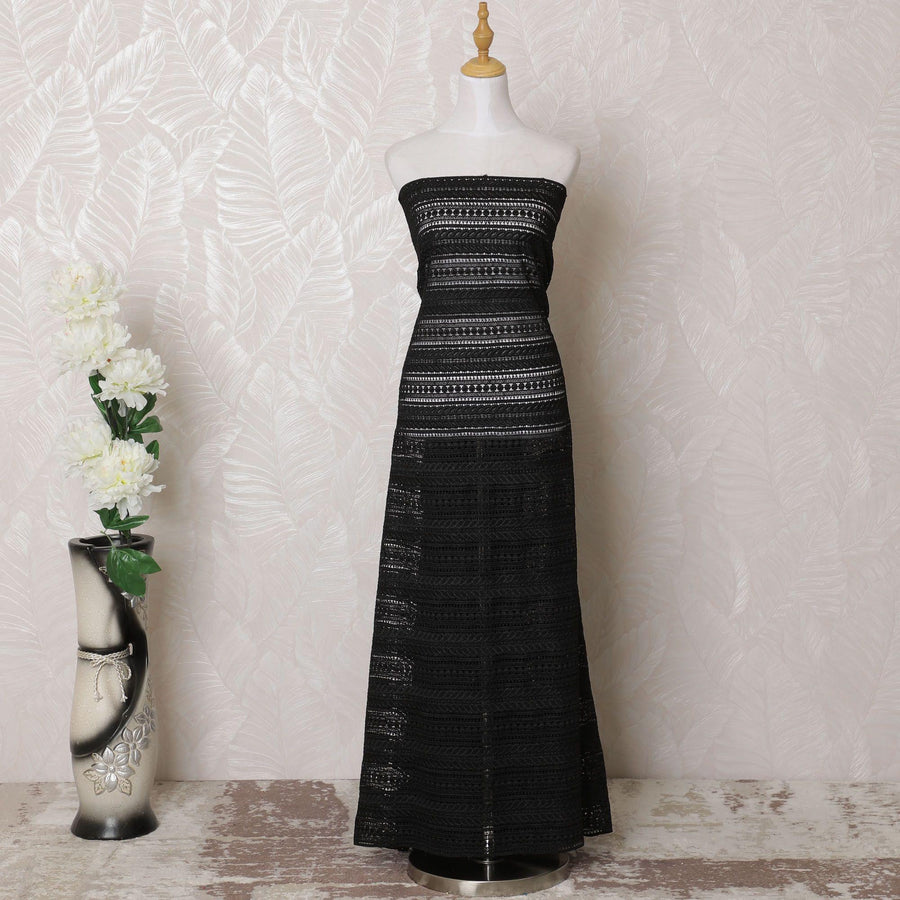 Black guipure lace fabric in stripe design-D15976
